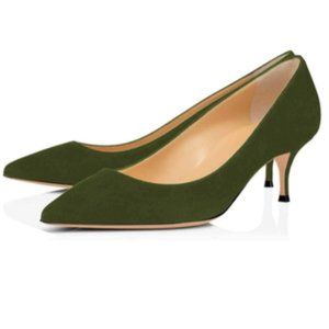 NWT FSJ Green Suede Kitten Heels Pointy Toe Pump